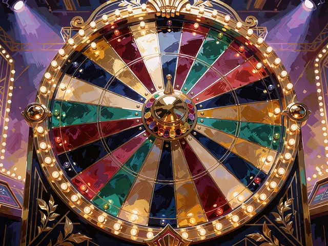 Wielkie koło fortuny z kolorowymi segmentami i świecącymi lampkami na scenie studia - game show w live casino