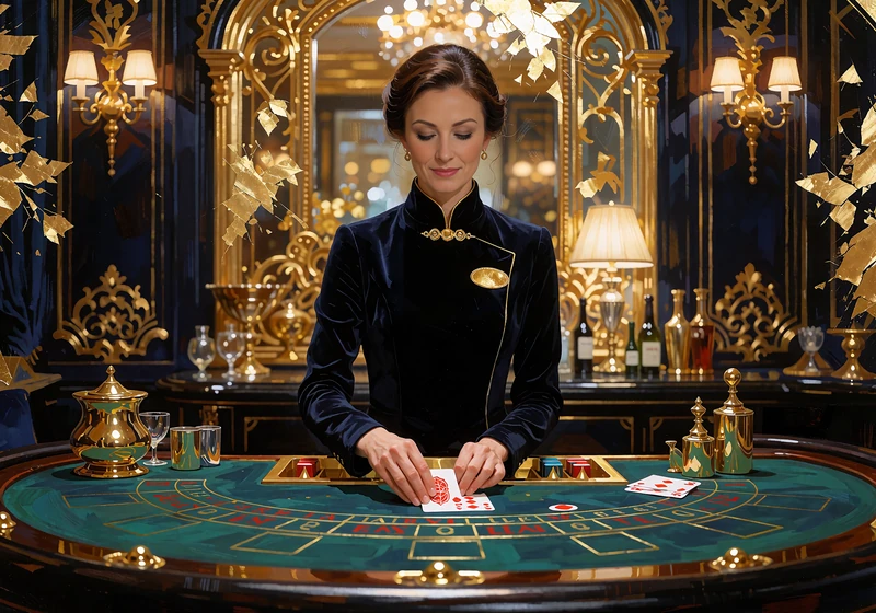 Krupierka w eleganckim czarnym stroju rozdaje karty przy zielonym stole w złotym salonie live casino