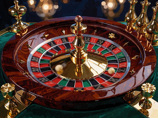 Mahoniowe koło ruletki ze złotymi detalami i kulką w ruchu na zielonym suknie - ruletka w live casino