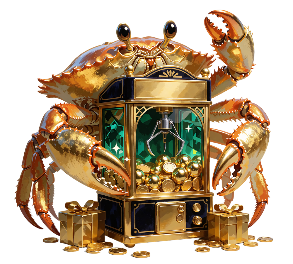Złoty krab obejmujący automat z chwytakiem pełen złotych kapsuł i monet - mechanika Bonus Crab w Millioner Casino